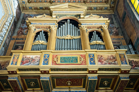 Rome, Italy - June 18, 2019: Upward view of the organ by F.Testa, in the Basilica of Santa Maria in Trastevereのeditorial素材