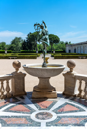 Rome, Italy - June 20, 2019:  Academy of France, Villa Medici, a balcony overlooking the garden with a statue of Mercury in the foregroundのeditorial素材