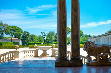 Rome, Italy - June 20, 2019:  Academy of France, Villa Medici, a balcony overlooking the garden with a statue of Mercury in the foregroundのeditorial素材