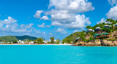 Antigua, Caribbean islands - January 31, 2019:  Traditional houses and resorts, on the west coast of the island,  seen from the seaのeditorial素材