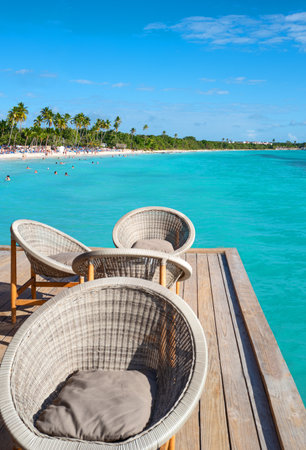 La Romana, Dominican Republic - January 28, 2019: A relax point on a pier of Bayahibe beachのeditorial素材