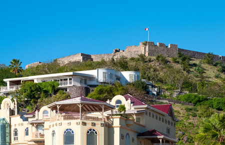 Caribbean Islands, St Maarten, the St Louis cstle seen from Marigot bay.central americaのeditorial素材