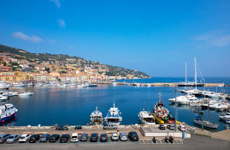 Porto Santo Stefano, Italy - July 3, 2018: Panoramic view of the harbor with leisure boatsのeditorial素材