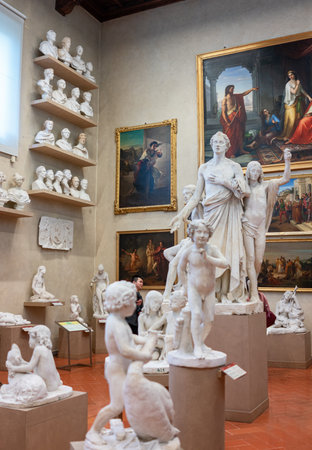 Florence, Italy - February 14, 2019: Accademia Gallery, the Gipsoteca with sculptures by Bartolini and his students sculptorsのeditorial素材
