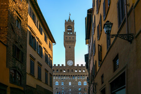 Florence, Italy, view of Palazzo Vecchio with the Arnolfo towerのeditorial素材