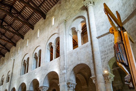 Corsignano, Italy - September 19, 2019: The nave of the Parish Church of the saints Vito e Modesto also known as Pieve di Corsignanoのeditorial素材