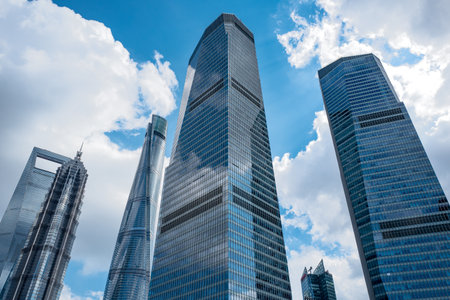 Shanghai, China - September 29, 2018:  Tourists on the escalators of the Pudong financial districtの写真素材