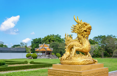 Hue, Vietnam - November 22, 2019: Imperial Citadel, the Gold Dragon in the main courtyardのeditorial素材