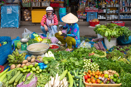 Cai Rang, Vietnam - November 25, 2019: A colorful food market on the Mecong river bankのeditorial素材