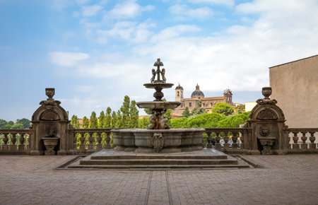 Italy, Viterbo, the panoramic terrace with fountain of the Palazzo Dei Prioriのeditorial素材