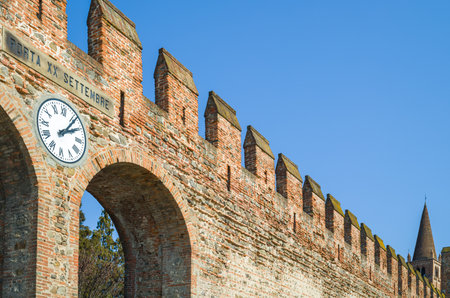Italy, Montagnana, the XX Settembre gate part of the medieval walls that surround the townの写真素材