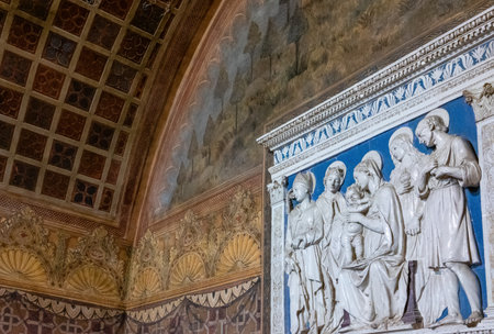 Gradara, Italy - May 29, 2018: The altarpiece by Luca Della Robbia in the chapel of the Malatesta Fortressのeditorial素材
