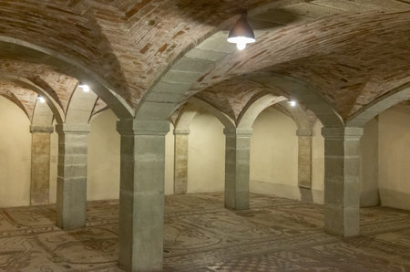 Bobbio, Italy - May 24, 2018: The floor mosaics of the eleventh century in the crypt of the Abbey of San Colombanoのeditorial素材