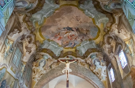 Bobbio, Italy - May 24, 2018: Details of the frescoes of the sixteenth century in the nave of the...