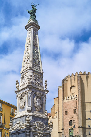 Naples, Italy , the obelisk and the apse of the St. Domenico church in the old ownの写真素材