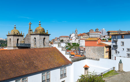 Porto, Portugal, the Ribeira district with the Dos Grilos church in the foreground, seen from the...