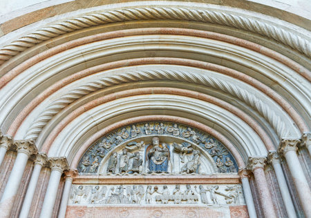 Parma,Italy, the sculptures over the main entrance of the octagonal Baptistery