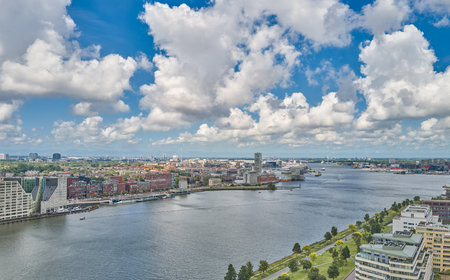 Amsterdam,Holland, panoramic view of the city on the IJ riverの写真素材