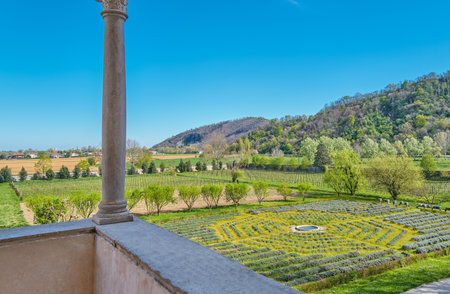 Teolo, Italy, the botanical garden of the Benedectine Abbey Santa Maria Assunta of Praglia, seen from the cloisterの写真素材