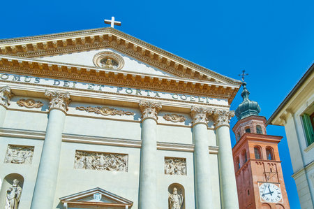 Cittadella, Italy, view of the facade and bell tower of the Cathedralの写真素材