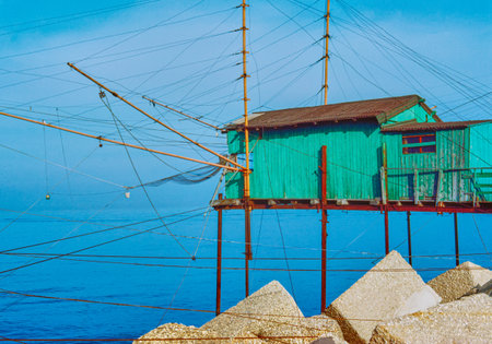 Pescara, Italy, Aahut on stilts equipped with an ancient fishing equipment called Traboccoの写真素材