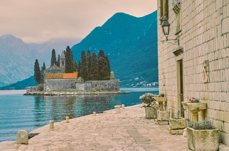 Montenegro, The Island of St. George in the Kotor bay seen from the island of Our Lady of the Rocksの写真素材