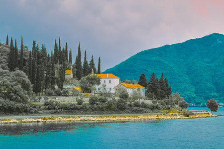 Montenegro, view of the Perast village in the Kotor bayの写真素材