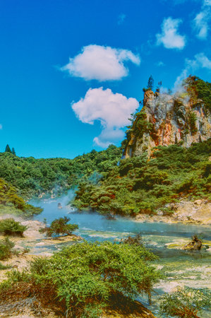 New Zealand, Rotorua district, the Waymangu volcanic valleyの写真素材