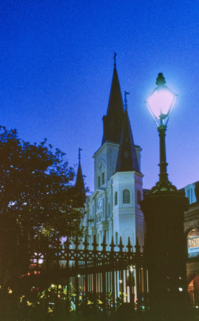 New Orleans, United States, night view of the facade and bell tower of the St. Louis cathedralの写真素材