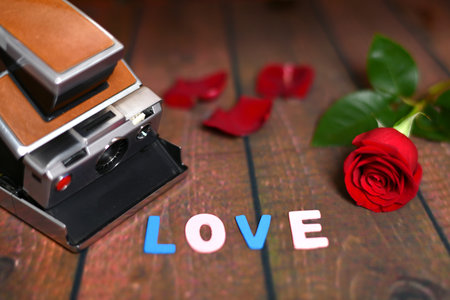 Vintage camera and red rose with petals and love inscription on wooden slats gift of love and poetryの写真素材