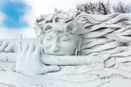 Harbin, China - February 2013: Snow sculptures in the 25th China Harbin Sun Island International Snow Sculpture Art Expo. Located in Harbin City, Heilongjiang, China.のeditorial素材