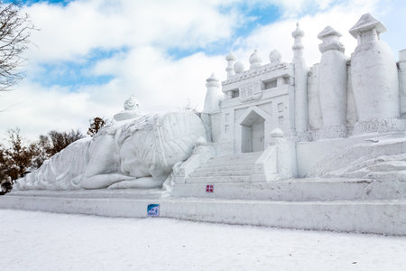 Harbin, China - February 2013: Snow sculptures in the 25th China Harbin Sun Island International Snow Sculpture Art Expo. Located in Harbin City, Heilongjiang, China.のeditorial素材