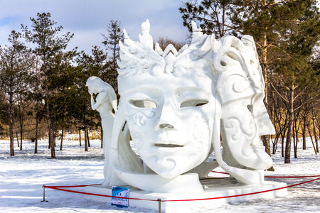 Harbin, China - February 2013: Snow sculptures in the 25th China Harbin Sun Island International Snow Sculpture Art Expo. Located in Harbin City, Heilongjiang, China.のeditorial素材