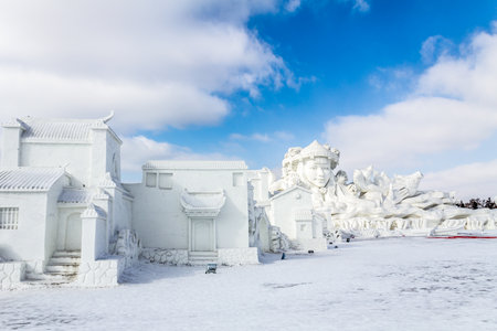 Harbin, China - February 2013: Snow sculptures in the 25th China Harbin Sun Island International Snow Sculpture Art Expo. Located in Harbin City, Heilongjiang, China.のeditorial素材