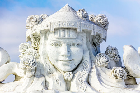 Harbin, China - February 2013: Snow sculptures in the 25th China Harbin Sun Island International Snow Sculpture Art Expo. Located in Harbin City, Heilongjiang, China.のeditorial素材