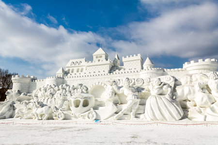 Harbin, China - February 2013: Snow sculptures in the 25th China Harbin Sun Island International Snow Sculpture Art Expo. Located in Harbin City, Heilongjiang, China.のeditorial素材