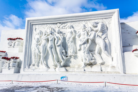 Harbin, China - February 2013: Snow sculptures in the 25th China Harbin Sun Island International Snow Sculpture Art Expo. Located in Harbin City, Heilongjiang, China.のeditorial素材
