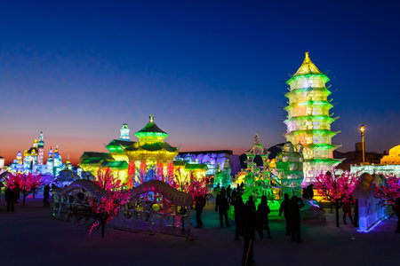 February 2013 - Harbin, China - Ice buildings in the International Ice and Snow Festivalのeditorial素材
