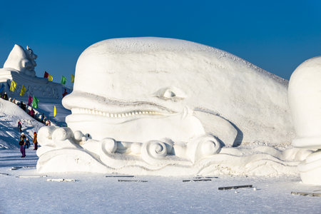 Harbin, China - January 2015: Snow sculptures in the 27th China Harbin Sun Island International Snow Sculpture Art Expo. Located in Harbin City, Heilongjiang, China.のeditorial素材