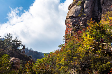 Bei Jiu Shui trail in Autumn, Laoshan Mountain, Qingdao, China. Bei Jiu Shui is famous for the many pools of crystal clear water and it's waterfallsの写真素材