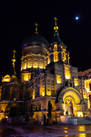 Saint Sofia Russian Orthodox Church at night, Harbin, Chinaの写真素材
