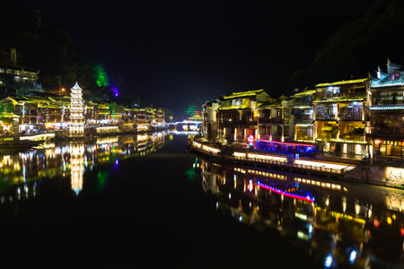 Night view of Fenghuang Ancient town, Hunan province, China.の写真素材