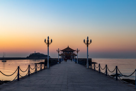 Zhanqiao pier at sunrise, Qingdao, Shandong, Chinaの写真素材