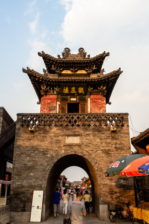 Aug 2013 - Pingyao, Shanxi province, China - Government building in Pingyao Ancient city at sunset. Known as one of the best preserved historical villages of China, Pingyao is a UNESCO world Heritage siteのeditorial素材