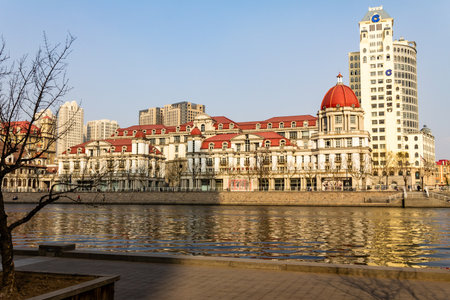 March 2014 - Tianjin, China - European style building along the Haihe river in the city center of Tianjinのeditorial素材