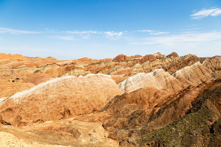 Danxia Feng, or Colored Rainbow Mountains, in Zhangye, Gansu, China. Here the view from the Sea of Clouds observation deckの写真素材