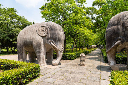 Elephant statues in the sacred way in Ming Xiaoling Mausoleum, located on mount Zijin, Nanjing, Jiangsu Province, China. Ming Xiaoling Mausoleum is UNESCO World Heritage Siteのeditorial素材