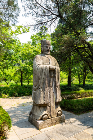 Statue of a priest in the sacred way in Ming Xiaoling Mausoleum, located on mount Zijin, Nanjing, Jiangsu Province, China. Ming Xiaoling Mausoleum is UNESCO World Heritage Siteのeditorial素材