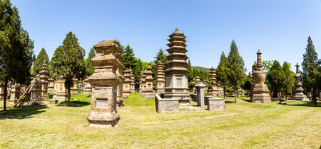 Forest pagoda in Shaolin temple, Dengfeng, Henan Province, China. The burying of the most eminent...