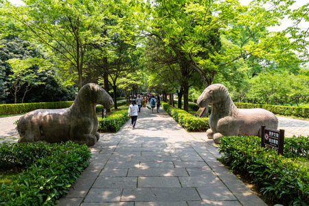 May 2017? Nanjing, Jiangsu, China? tourists walking along the sacred way in the Ming Xiaoling mausoleum on mount Zijin. Ming Xiaoling is a UNESCO World Heritage Siteのeditorial素材